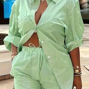 Green & White Vertical Striped Button-Up Short Set